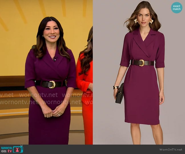 Donna Karan Belted Knee-length V-neck Jacket Dress in Elderberry worn by Amber Lee on CBS Mornings