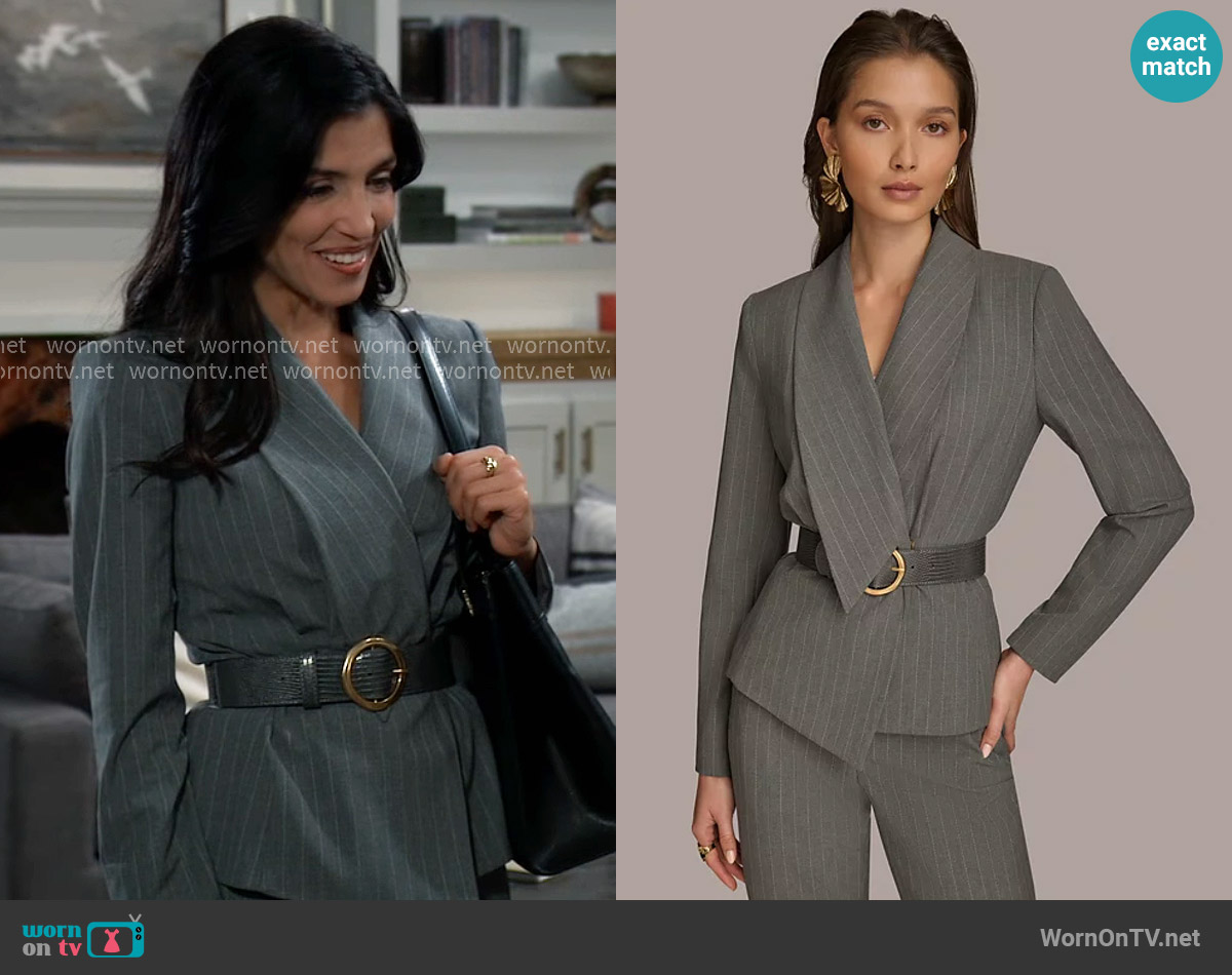 Donna Karan Belted Pinstripe Jacket worn by Justine Turner (Nazneen Contractor) on General Hospital