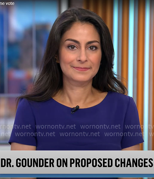 Dr. Celine Gounder’s purple short sleeve dress on CBS Mornings