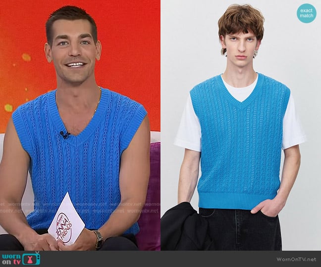 Dunst Unisex Crochet Cable Cotton Vest in blue worn by Matt Rogers on Today