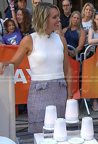 Dylan’s white top and tweed mini skirt on Today