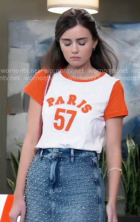Emma’s PARIS t-shirt and denim skirt on General Hospital