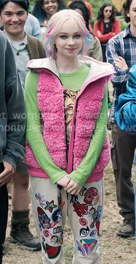 Enid’s pink fluffy vest on Wednesday