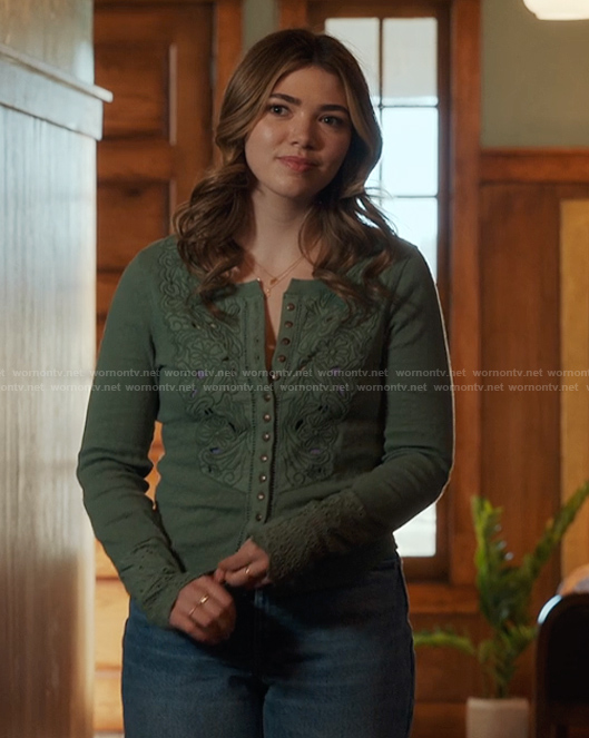 Erin’s green lace front long sleeve top on My Life with the Walter Boys
