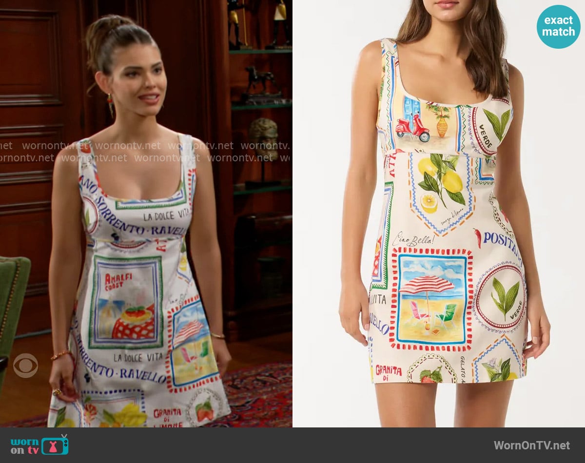Ever New Hadley Cutout Ruched Back Mini Sundress in Amalfi Postcards worn by Electra Forrester (Laneya Grace) on The Bold and the Beautiful