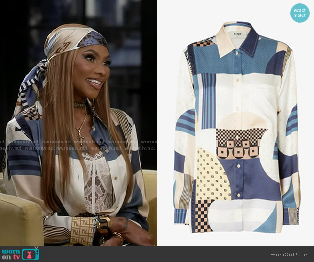 Fendi Blue Silk Shirt with Patchwork Print worn by Sandra Denton on Good Morning America