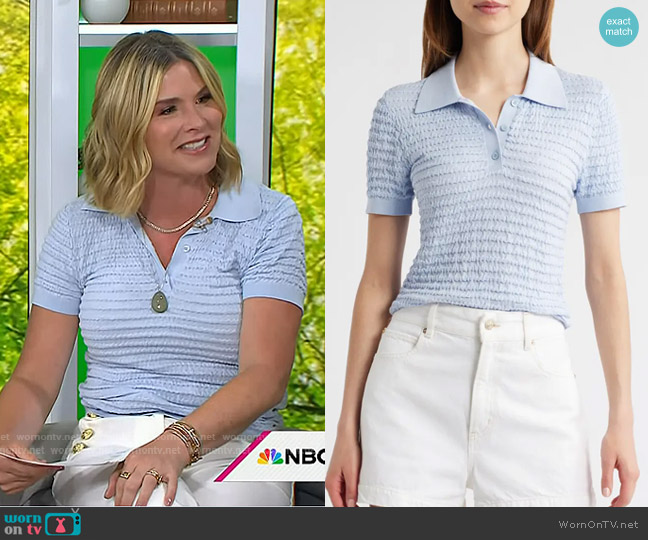 Frame The Smock Silk & Cotton Polo Top in Light Chambray worn by Jenna Bush Hager on Today