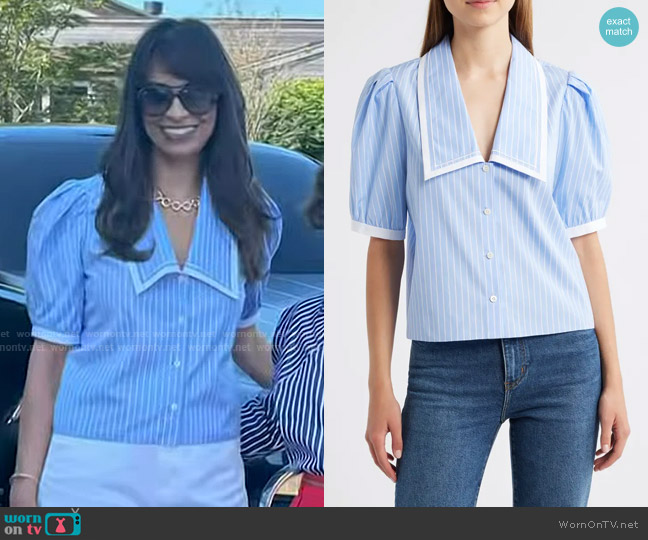 Frame The Stripe Cotton Sailor Button-Up Shirt in Oxford Blue Multi worn by Anu Duggal on Today