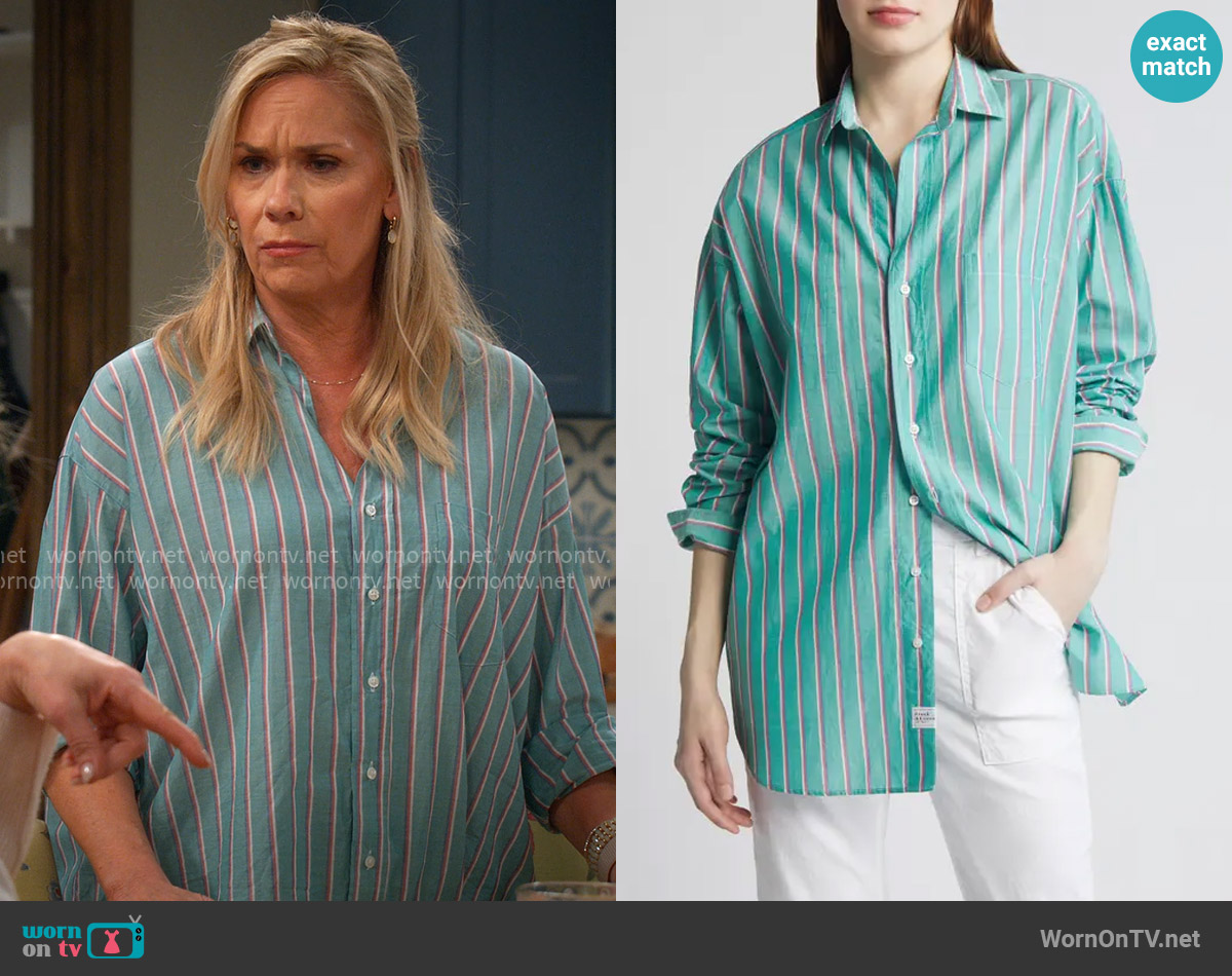 Frank and Eileen Shirley Tunic Shirt in Green Stripe worn by Leanne Murphy (Leanne Morgan) on Leanne