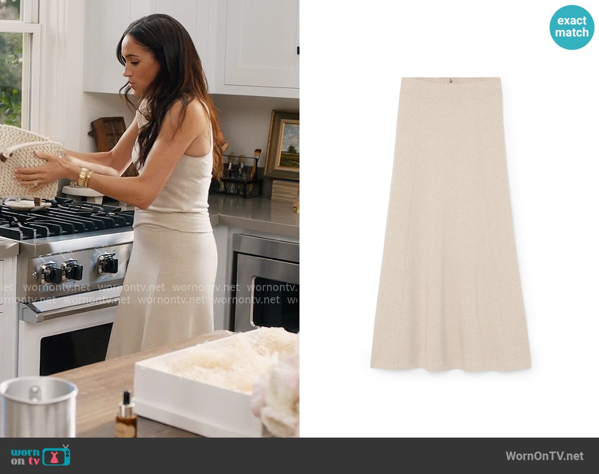 G. Label by Goop The Sleek Knit Skirt in Oat worn by Meghan Markle on With Love Meghan