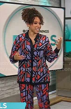 Gabrielle Kerr’s purple and red geometric print shirt and pants set on CBS Mornings