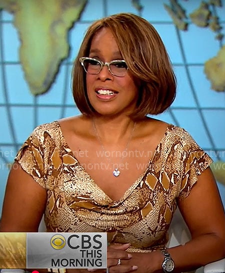 Gayle King’s brown snakeskin print dress on CBS Mornings
