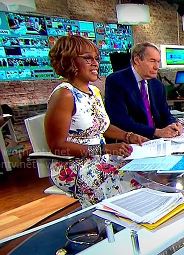 Gayle King’s floral sleeveless dress on CBS Mornings