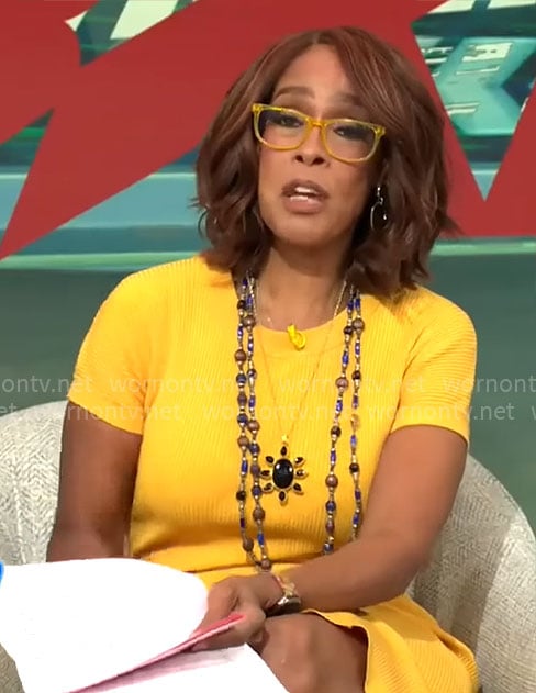 Gayle King’s yellow short sleeved midi dress on CBS Mornings