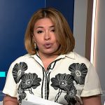 Gilma Avalos’s white and black floral print shirt on NBC News Daily