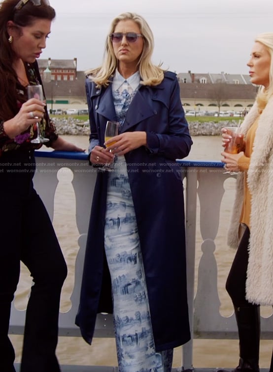 Gina’s blue printed jacket and jeans on The Real Housewives of Orange County