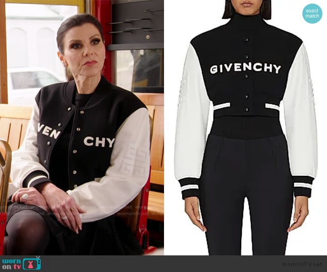 Givenchy Cropped Varsity Jacket In Wool And Leather worn by Heather Dubrow on The Real Housewives of Orange County