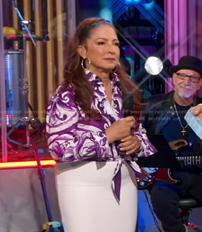 Gloria Estefan’s purple printed tie waist top on Good Morning America