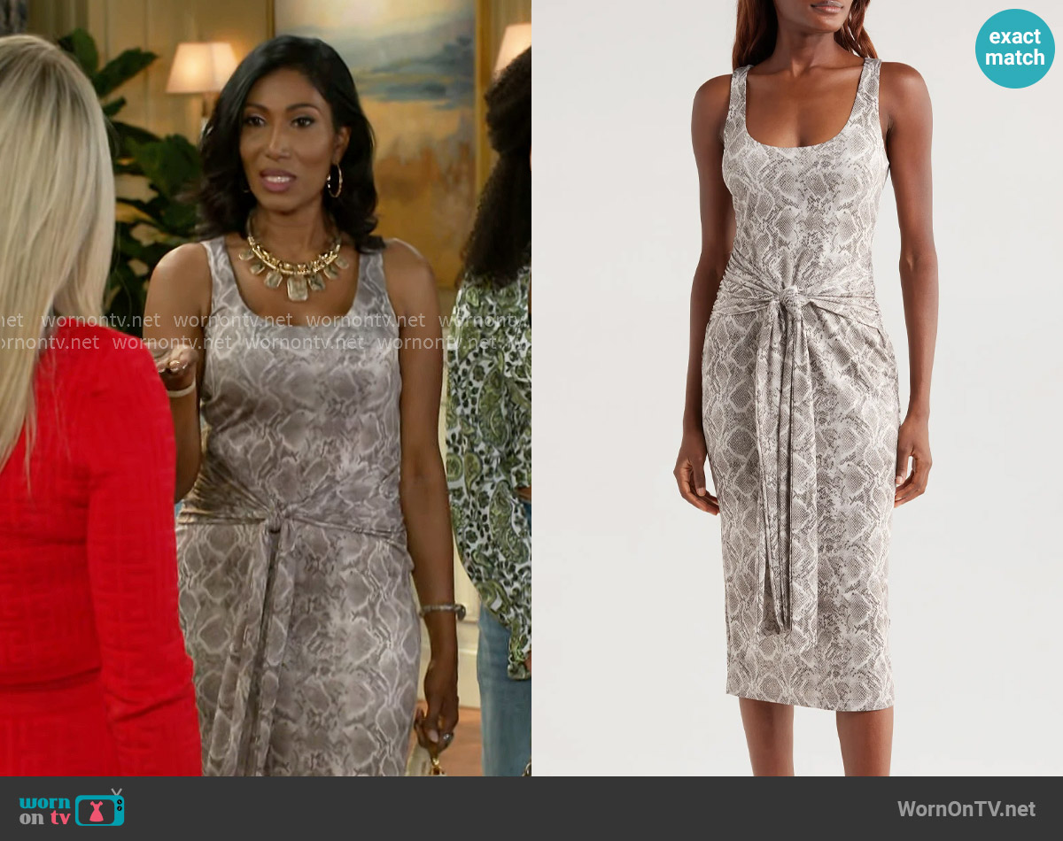 Good American Snake scoop tank midi dress worn by Dana 'Leslie' Thomas (Trisha Mann-Grant) on Beyond the Gates