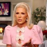 Gretchen’s pink bow confessional dress on The Real Housewives of Orange County