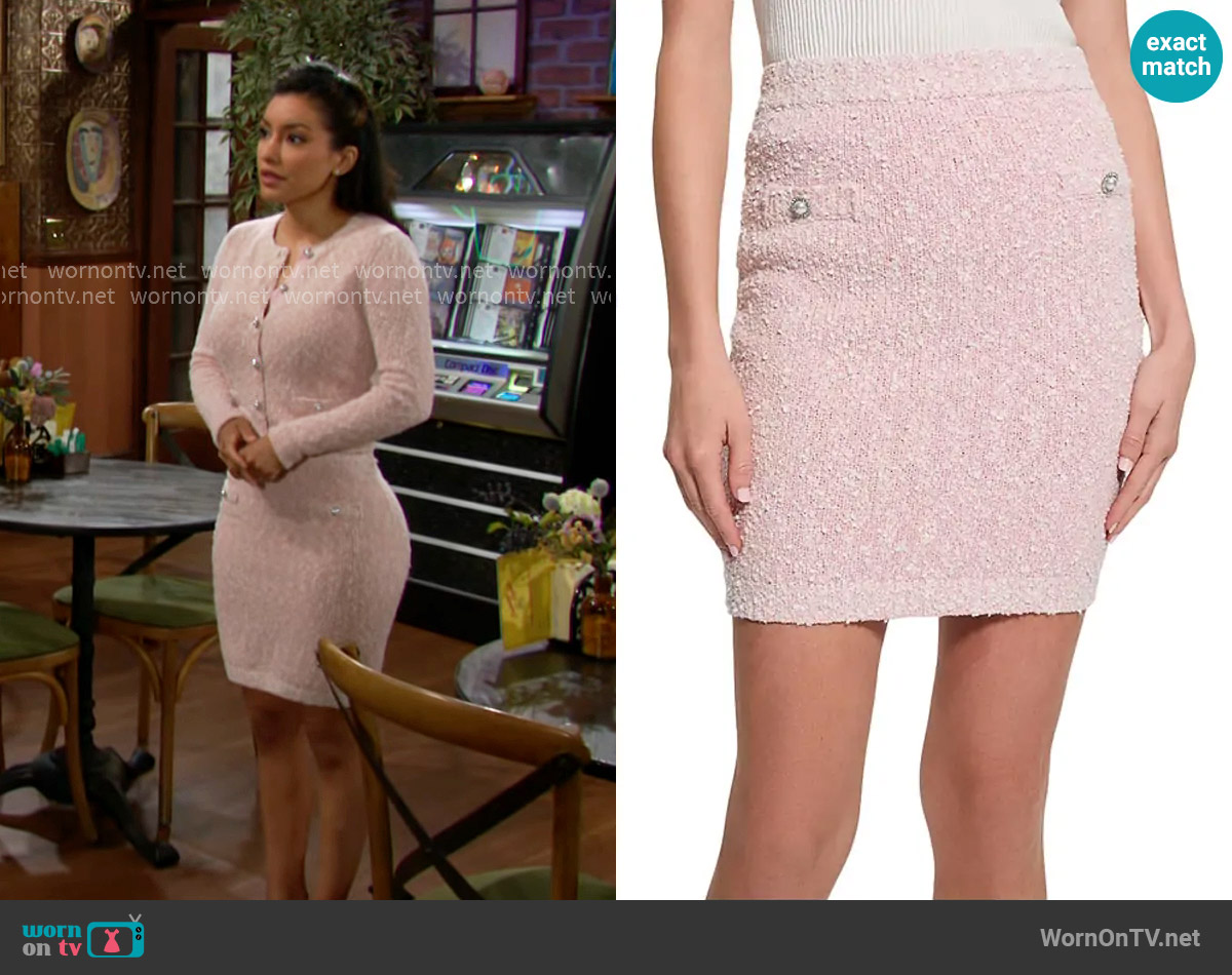 Guess Dorothy Boucle Mini Sweater Skirt worn by Audra Charles (Zuleyka Silver) on The Young and the Restless
