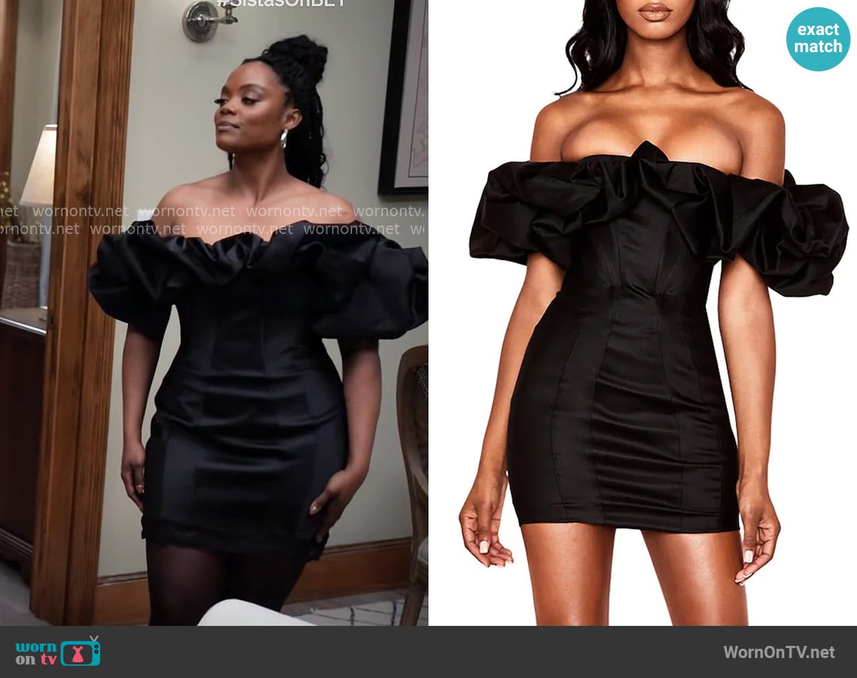 House of CB Selena Puff Off the Shoulder Minidress worn by Sabrina Hollins (Novi Brown) on Tyler Perrys Sistas