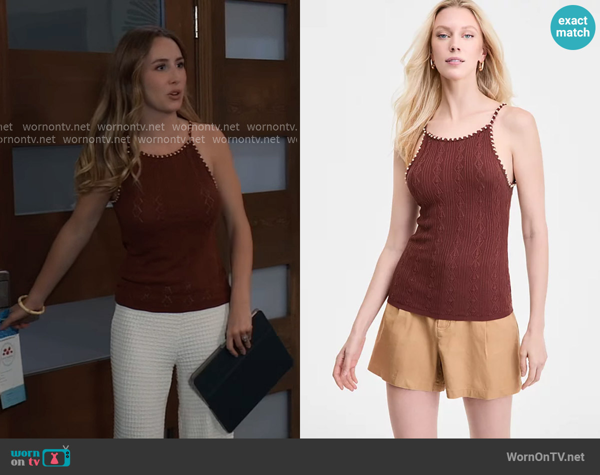 INC International Concepts Embellished Knit Camisole in French Caf worn by Josslyn Jacks (Eden McCoy) on General Hospital