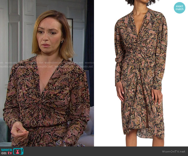 Isabel Marant Étoile Zeliha Dress in lack Ochre worn by Gwen Rizczech (Emily O'Brien) on Days of our Lives