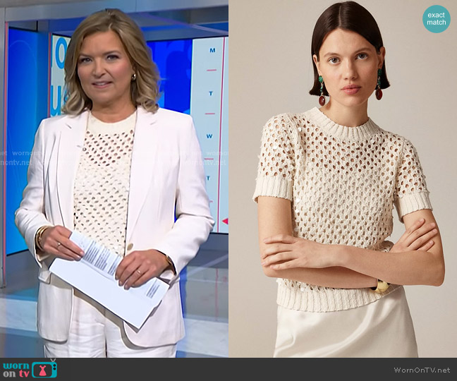 J. Crew Pointelle Eembellished Short-sleeve Sweater in Natural worn by Christine Romans on NBC News Daily