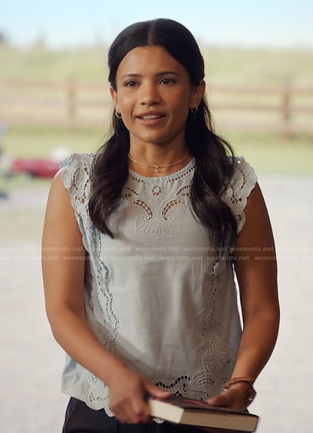 Jackie’s blue lace trim top on My Life with the Walter Boys