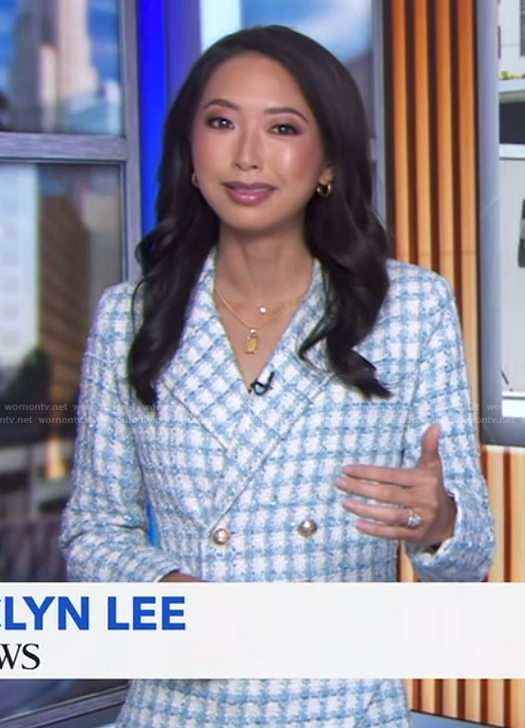 Jaclyn Lee’s blue tweed blazer and mini skirt on Good Morning America