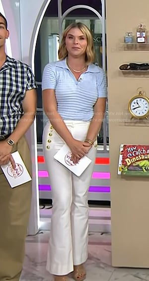 Jenna’s blue textured polo and white flare pants on Today