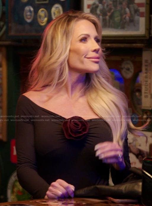 Jennifer’s black floral off shoulder top on The Real Housewives of Orange County