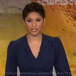 Jericka’s navy pleated v-neck dress on CBS Evening News
