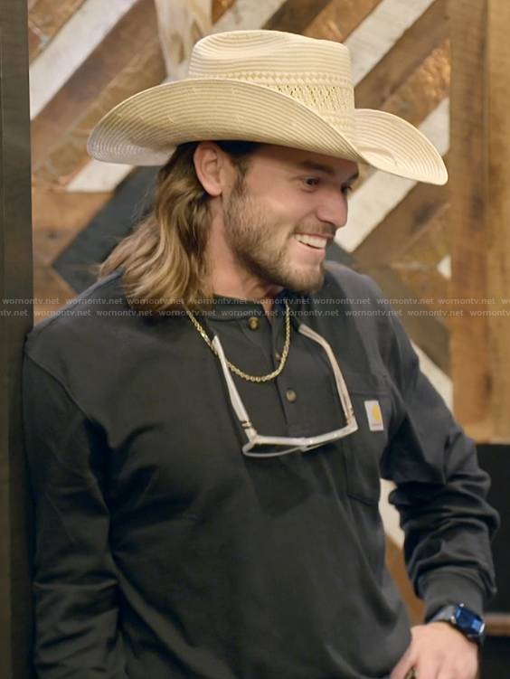 Jesse’s black henley shirt on The McBee Dynasty Real American Cowboys