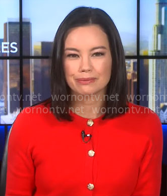 Jo Ling Kent’s red short sleeve cardigan on CBS Mornings