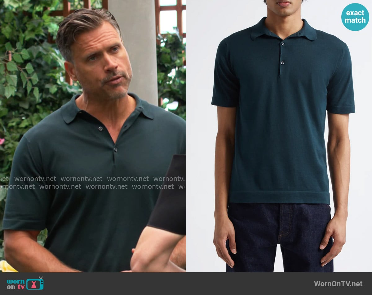 John Smedley Mycroft Cotton Polo Sweater in Rainforest worn by Nick Newman (Joshua Morrow) on The Young and the Restless