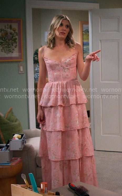 Josie’s pink floral flower girl dress on Leanne