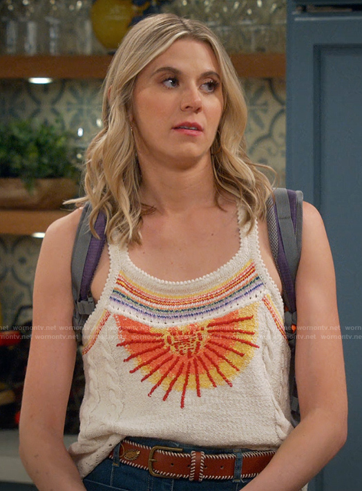 Josie’s white embroidered top and jeans on Leanne
