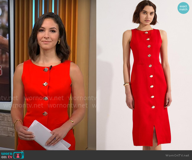 Karen Millen Viscose Linen Tailored Statement Button Front Pencil Midi Dress worn by Ali Bauman on CBS Mornings