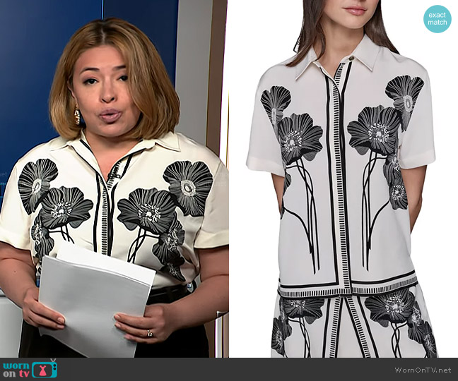 Karl Lagerfeld Floral Short Sleeve Shirt in Cream Black worn by Gilma Avalos on NBC News Daily