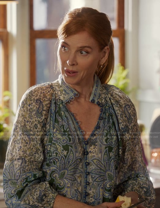 Katherine’s blue floral print button down top on My Life with the Walter Boys