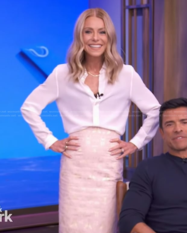Kelly’s white blouse and embellished skirt on Live with Kelly and Mark