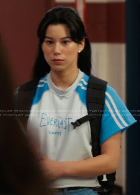 Kiley’s blue Everlast cropped tee on My Life with the Walter Boys