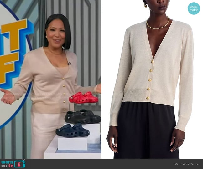 Kobi Halperin Roma V Neck Cardigan Sweater in Natural worn by Stephanie Ramos on Good Morning America