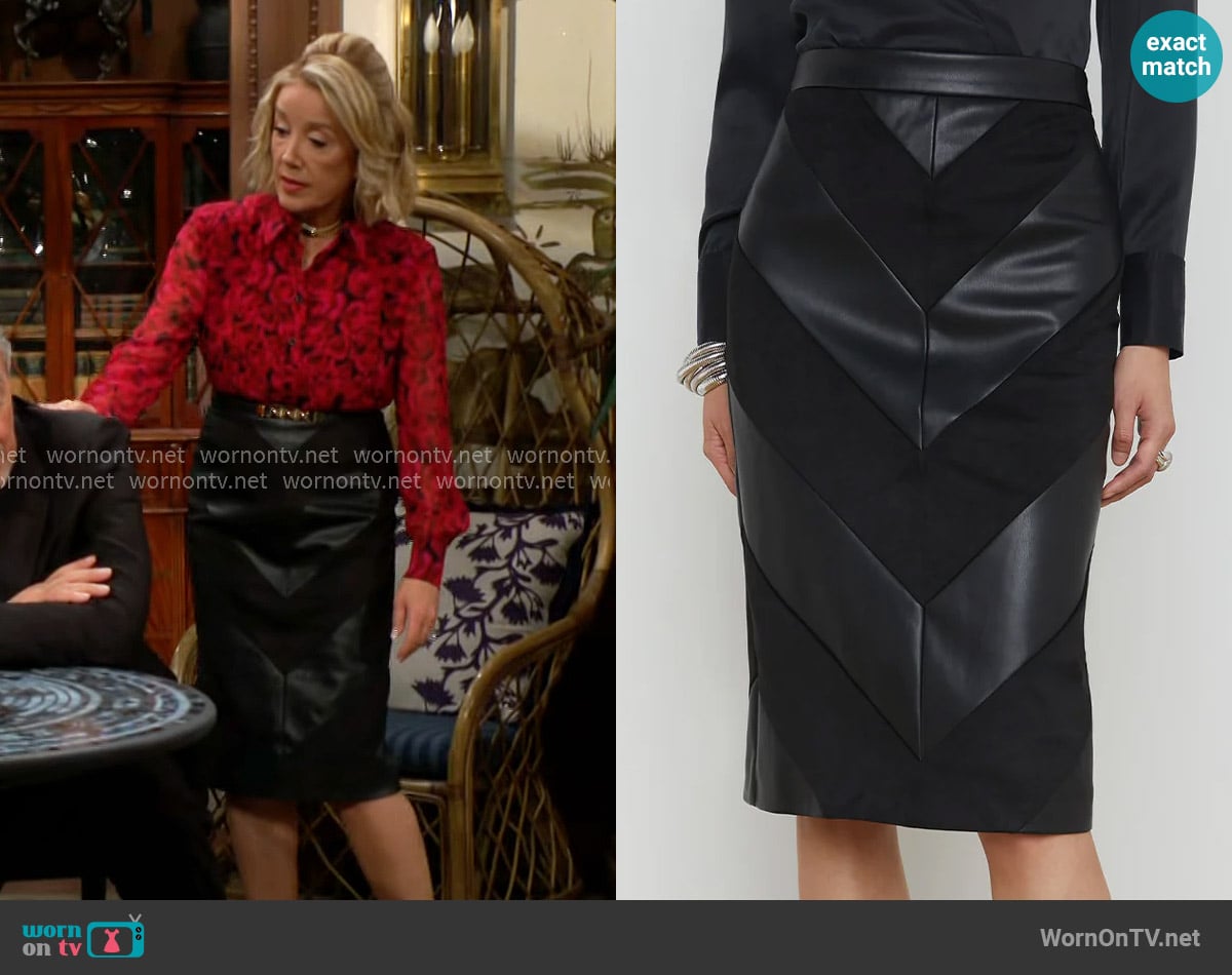 L'Agence Erma Patchwork Skirt worn by Nikki Reed Newman (Melody Thomas-Scott) on The Young and the Restless