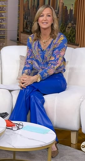 Lara’s blue feather print blouse and leather pants on Good Morning America