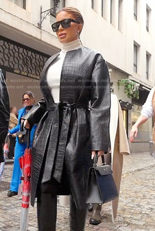 Larsa’s black croc leather coat on The Real Housewives of Miami