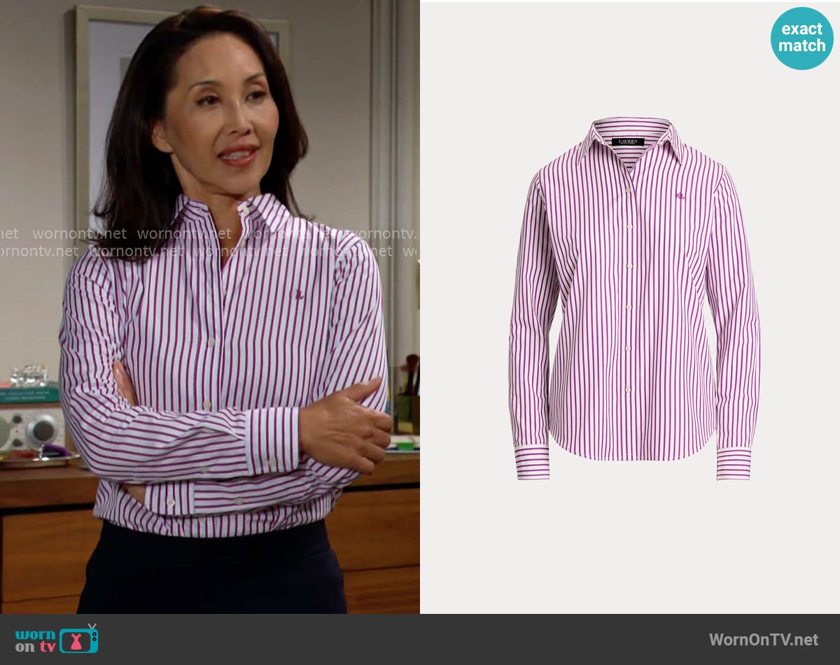 LAUREN Ralph Lauren Classic Fit Striped Broadcloth Shirt worn by Li Finnegan (Naomi Matsuda) on The Bold and the Beautiful