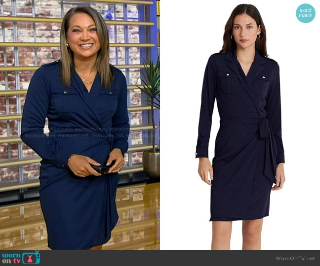 Lauren Ralph Lauren Stretch Jersey Wrap Dress in Refined Navy worn by Ginger Zee on Good Morning America